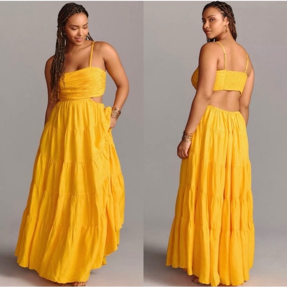 NWT Anthropologie Let Me Be Cutout Tiered Maxi Dress in Tangerine Yellow Size M - Picture 2 of 15